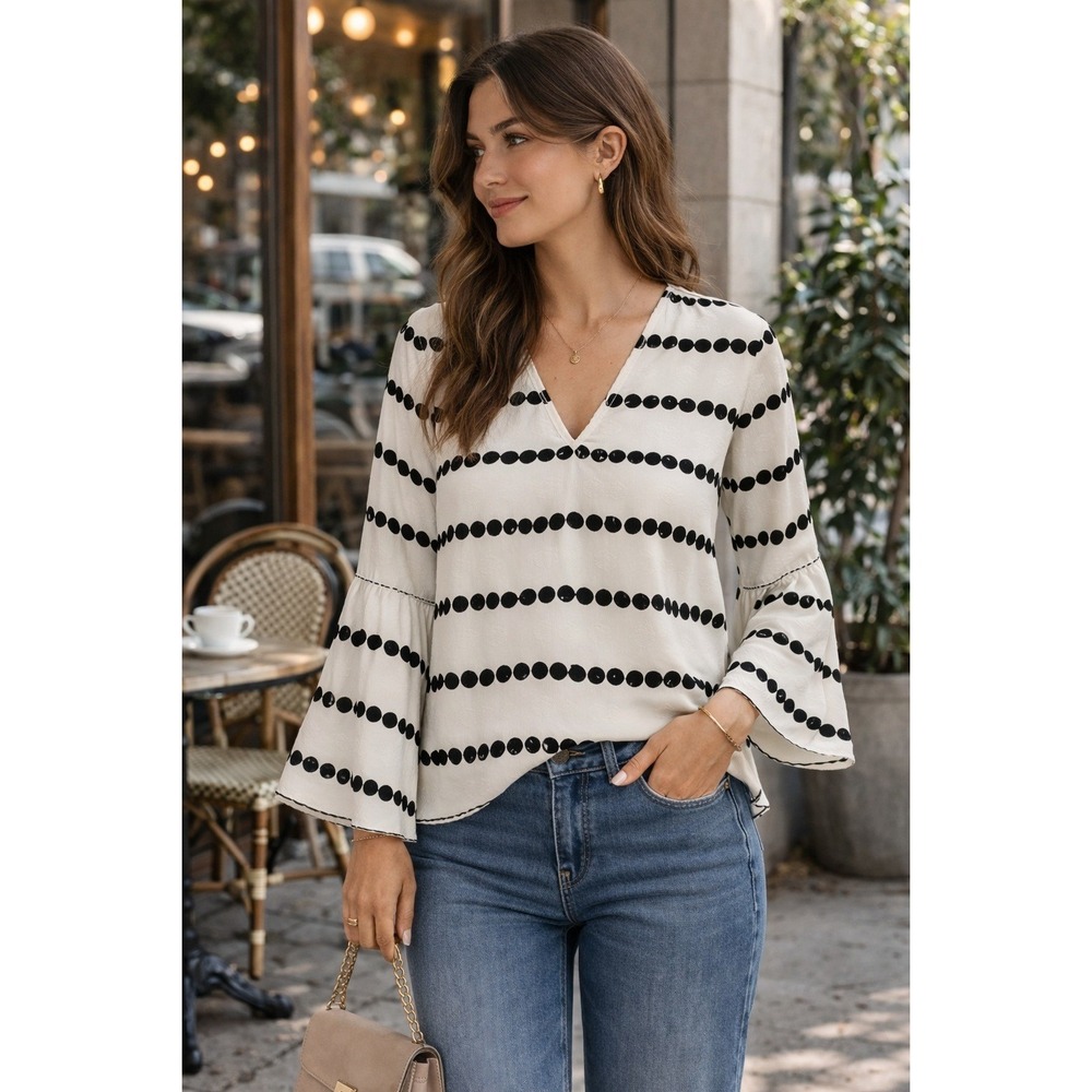 Derek Lam 10 Crosby Chic Silk Polka Dot Blouse Bell Sleeve Ivory Black 8